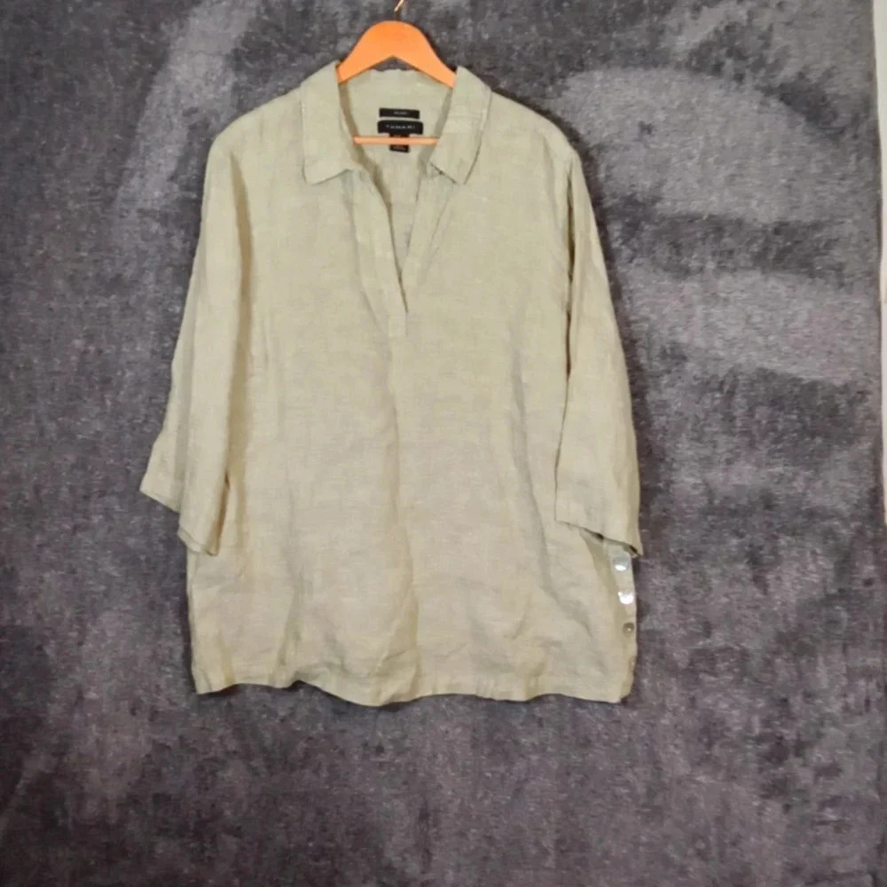 Tahari Tunic side buttons 100% linen vacation office size 2X women